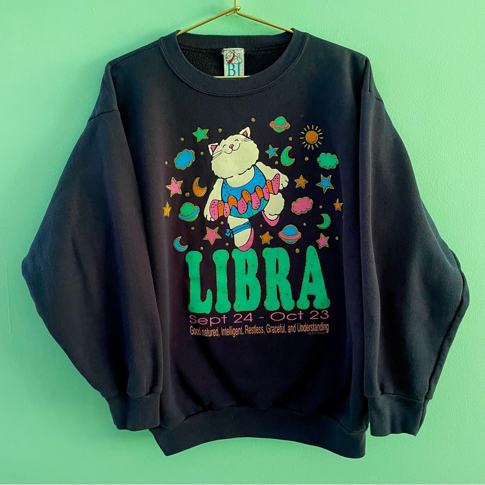 Vintage Libra Sweatshirt Astrology Cute Cat 80s 90s pullover crewneck VTG XL